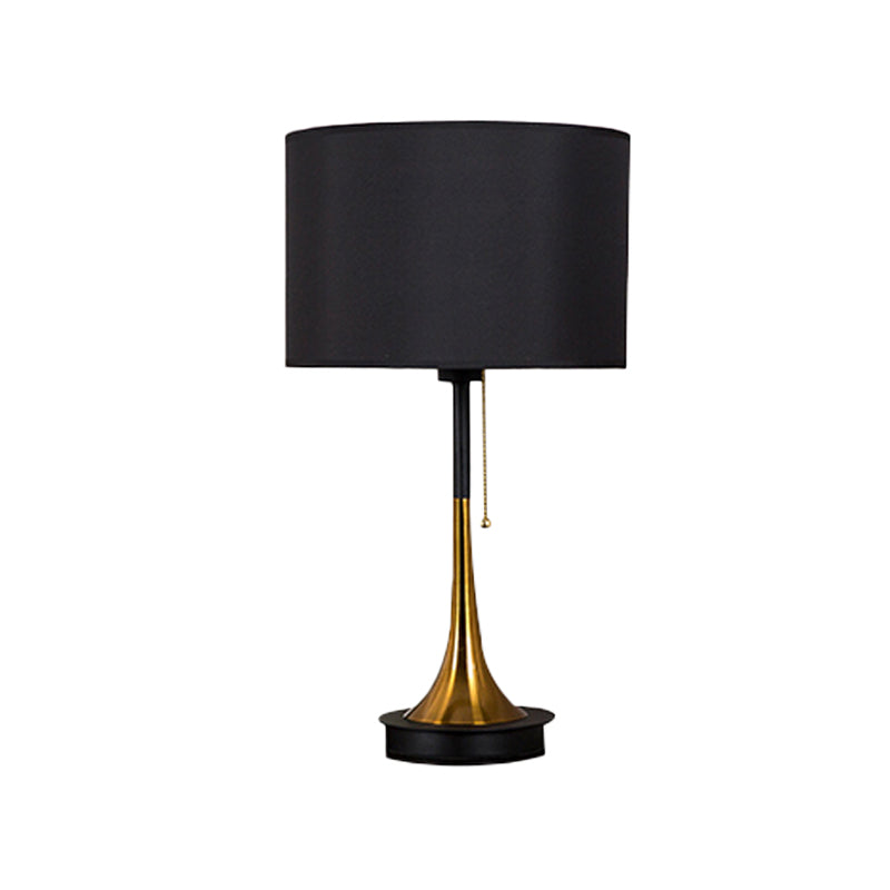 Modern Metal Drum Table Lamp: 1-Head Black/Grey Nightstand Lighting With Pull Chain