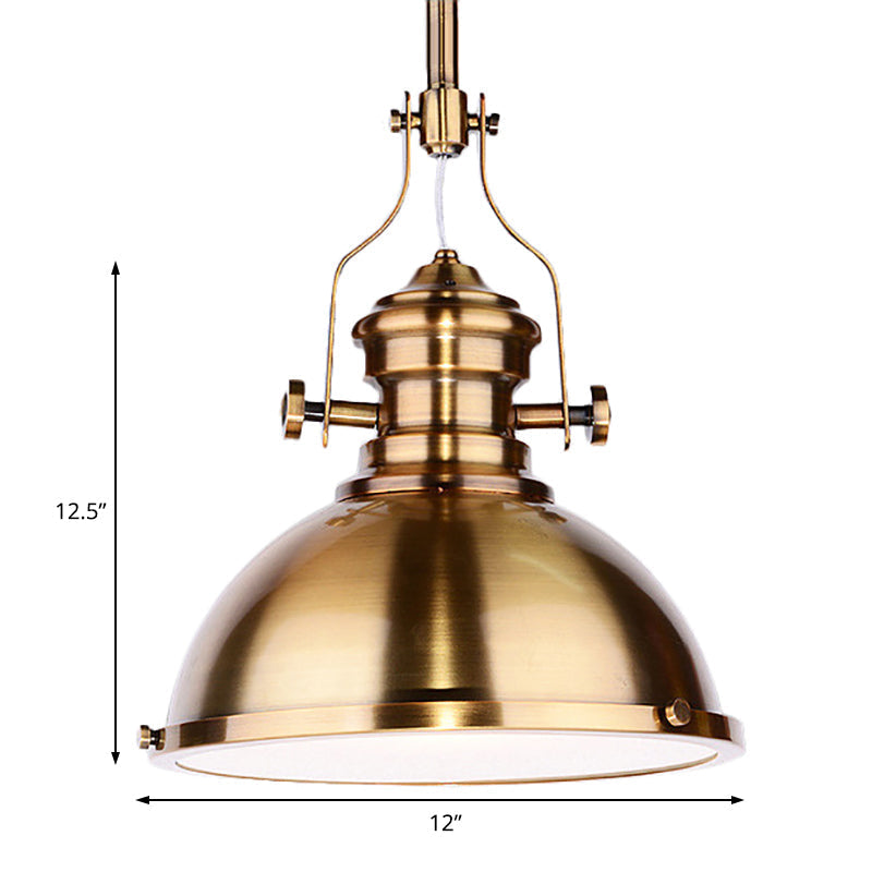Antique Brass Pendant Light With Frosted Diffuser - Vintage Style Metal Dome Shade 1-Light Hanging