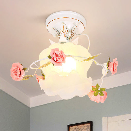 Countryside Bloom 1-Light Metal Ceiling Flush Mount In White For Foyer