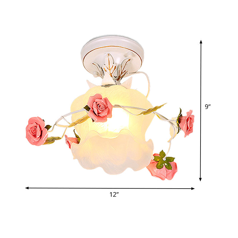 Countryside Bloom 1-Light Metal Ceiling Flush Mount In White For Foyer