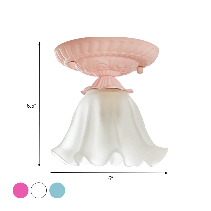 Country Scalloped Metal Ceiling Light - 1 Bulb Flush Mount In White/Pink/Blue