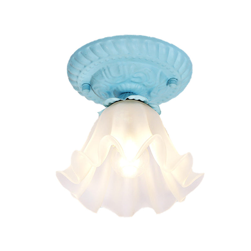 Country Scalloped Metal Ceiling Light - 1 Bulb Flush Mount In White/Pink/Blue