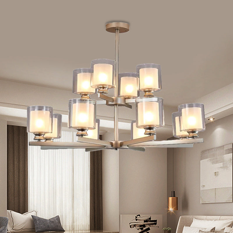 Modernist 2-Tier White Glass Chandelier With Radial Design - 12 Lights: Black/Gold/Silver Hanging