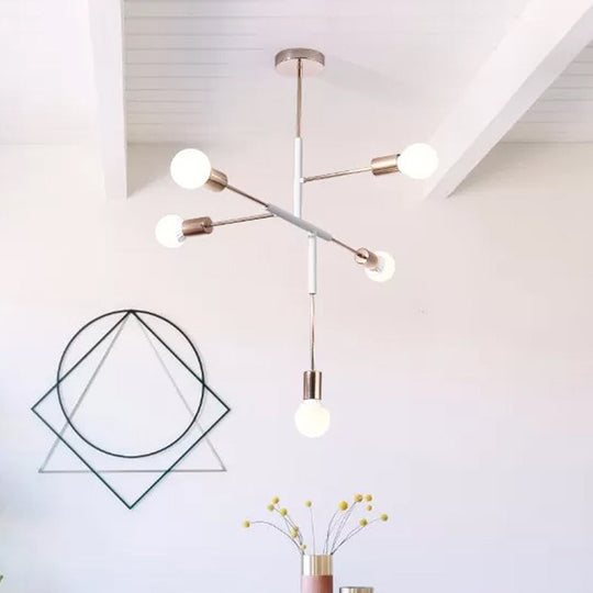 Rectilinear Metal Chandelier - Modern 5-Light White/Black Hanging Ceiling Light With Bare Bulb For