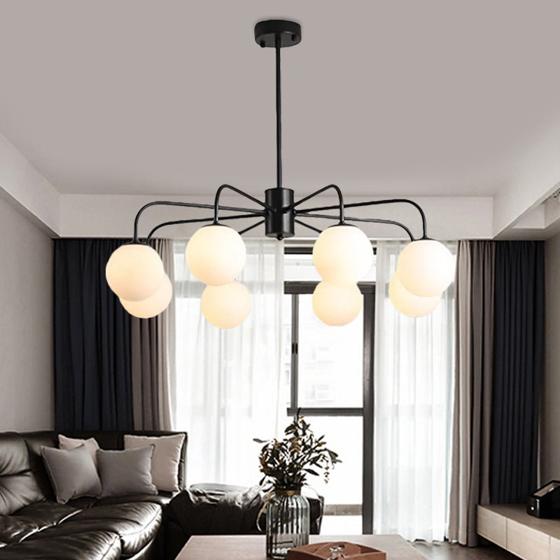 Moderner Kronleuchter aus weißer Glaskugel mit radialem Design – 6/8/10 Lichter, hängende Deckenleuchte, gebogener Arm