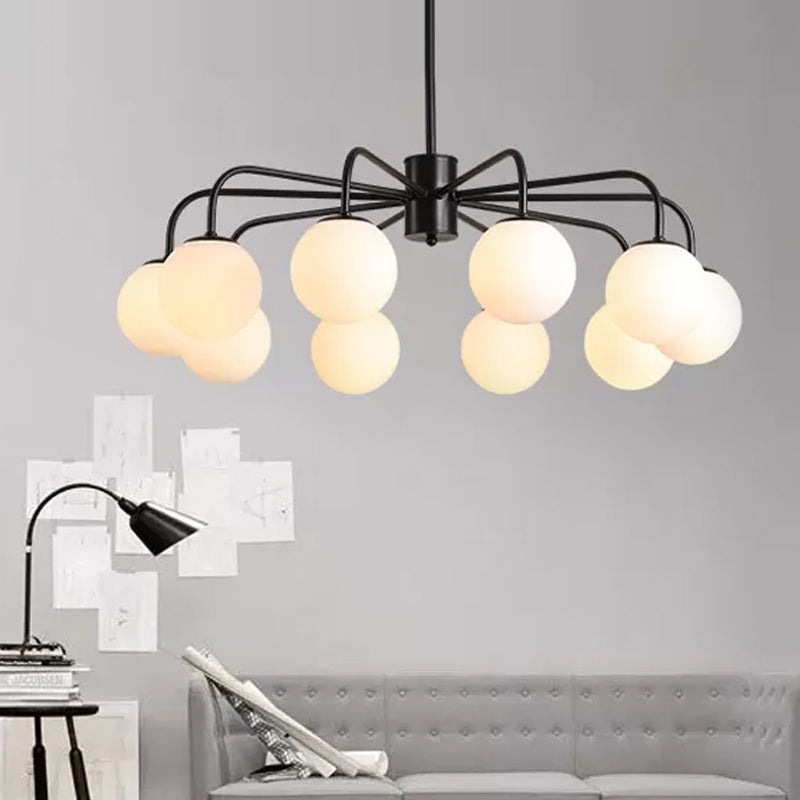 Moderner Kronleuchter aus weißer Glaskugel mit radialem Design – 6/8/10 Lichter, hängende Deckenleuchte, gebogener Arm