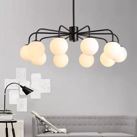 Moderner Kronleuchter aus weißer Glaskugel mit radialem Design – 6/8/10 Lichter, hängende Deckenleuchte, gebogener Arm