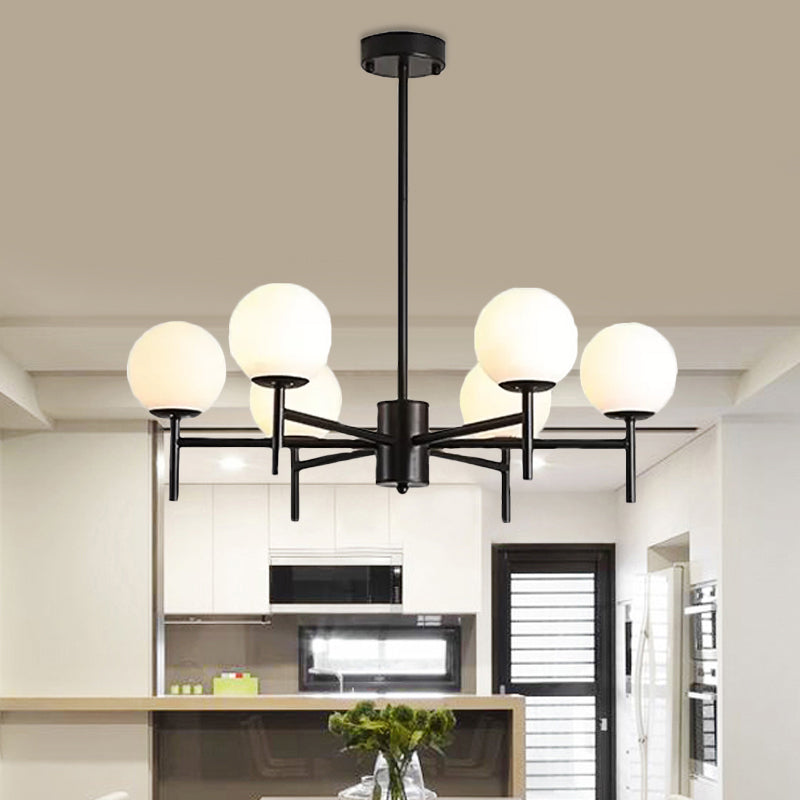 Moderner schwarz-goldener Kugel-Kronleuchter mit radialem Design – 6/8/9 Lichter, Hängelampe aus Milchglas