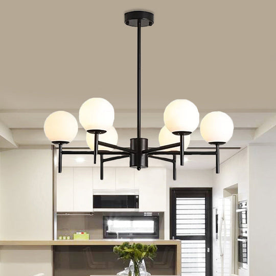 Moderner schwarz-goldener Kugel-Kronleuchter mit radialem Design – 6/8/9 Lichter, Hängelampe aus Milchglas