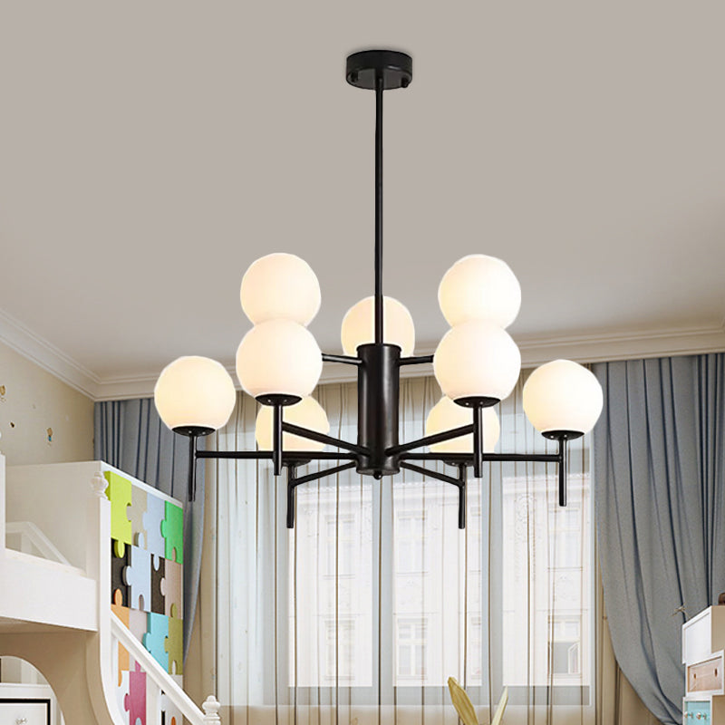 Moderner schwarz-goldener Kugel-Kronleuchter mit radialem Design – 6/8/9 Lichter, Hängelampe aus Milchglas