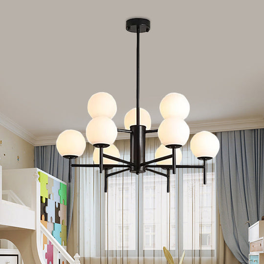 Moderner schwarz-goldener Kugel-Kronleuchter mit radialem Design – 6/8/9 Lichter, Hängelampe aus Milchglas