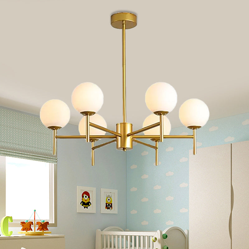 Moderner schwarz-goldener Kugel-Kronleuchter mit radialem Design – 6/8/9 Lichter, Hängelampe aus Milchglas