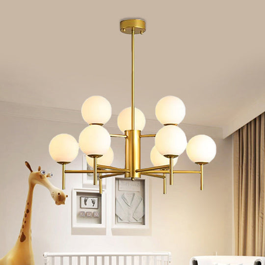 Moderner schwarz-goldener Kugel-Kronleuchter mit radialem Design – 6/8/9 Lichter, Hängelampe aus Milchglas
