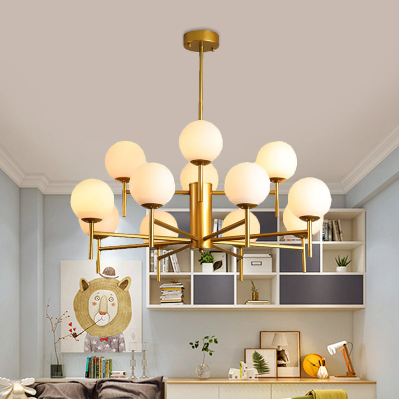 Moderner schwarz-goldener Kugel-Kronleuchter mit radialem Design – 6/8/9 Lichter, Hängelampe aus Milchglas