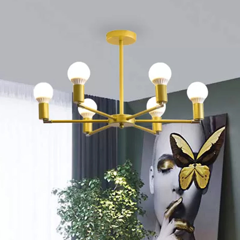 Gold Radial Metal Chandelier With Hanging Lights For Bedroom - Modern Design Bare Bulb