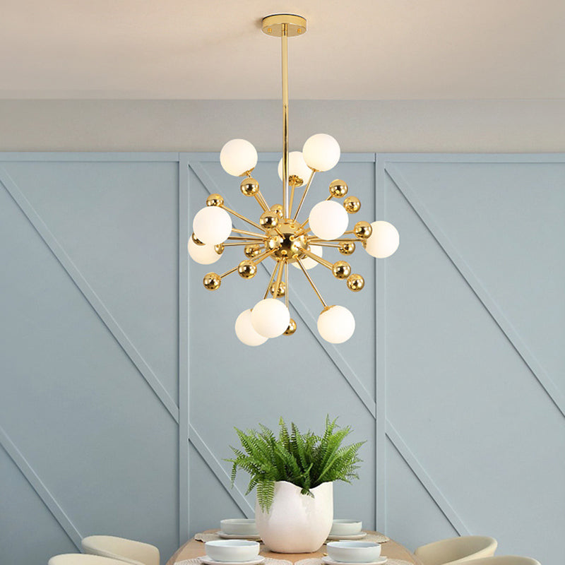 Gold Starburst Chandelier With White Glass Ball Shades - Designer Multi-Light Pendant Lamp Various