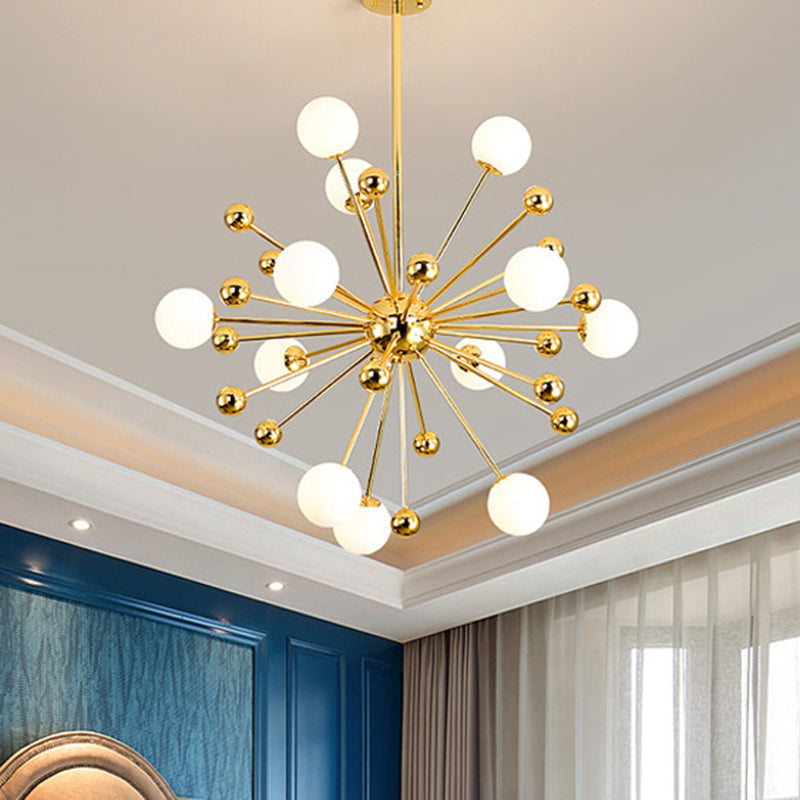Gold Starburst Metal Chandelier Pendant Lamp With Multi Lights And White Glass Ball Shade -
