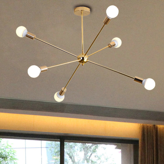 Modern Metal Starburst Chandelier Light - 6/10/12 Lights 26/38.5 Wide Gold Finish Bare Bulb Hanging