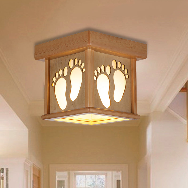 Nordic Wood Square Close To Ceiling Light - 10 W Flush Mount Fixture With Footprints For Dining Room