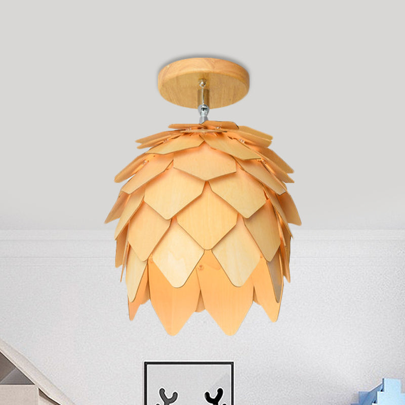 Modern Wooden Square/Trumpet/Pineapple Semi - Flush Ceiling Light - 1 Indoor Mount Wood / Pineapple