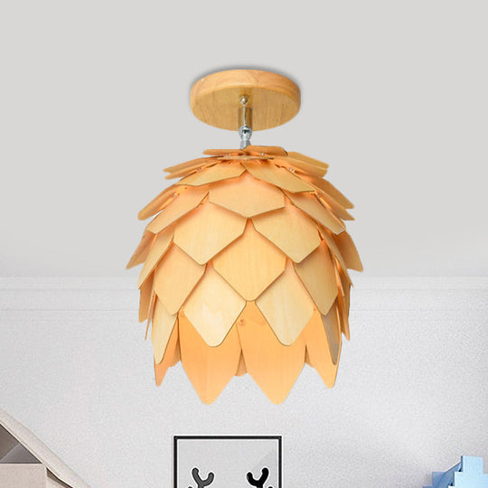 Modern Wooden Square/Trumpet/Pineapple Semi-Flush Ceiling Light - 1 Indoor Mount Wood / Pineapple