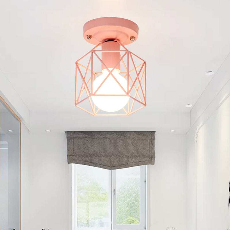 Minimalist Metal Frame Ceiling Mounted Light With White Pink And Green Accents - Ideal For Cloakroom