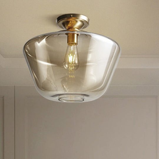 Contemporary Brass Flush Ceiling Fixture With Amber Glass Lampshade / Drum