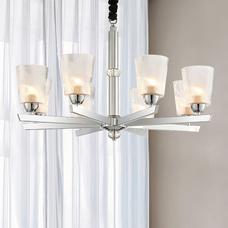Modern Ribbed Glass Chandelier Pendant - Chrome Finish 6 Lights For Living Room Ceiling