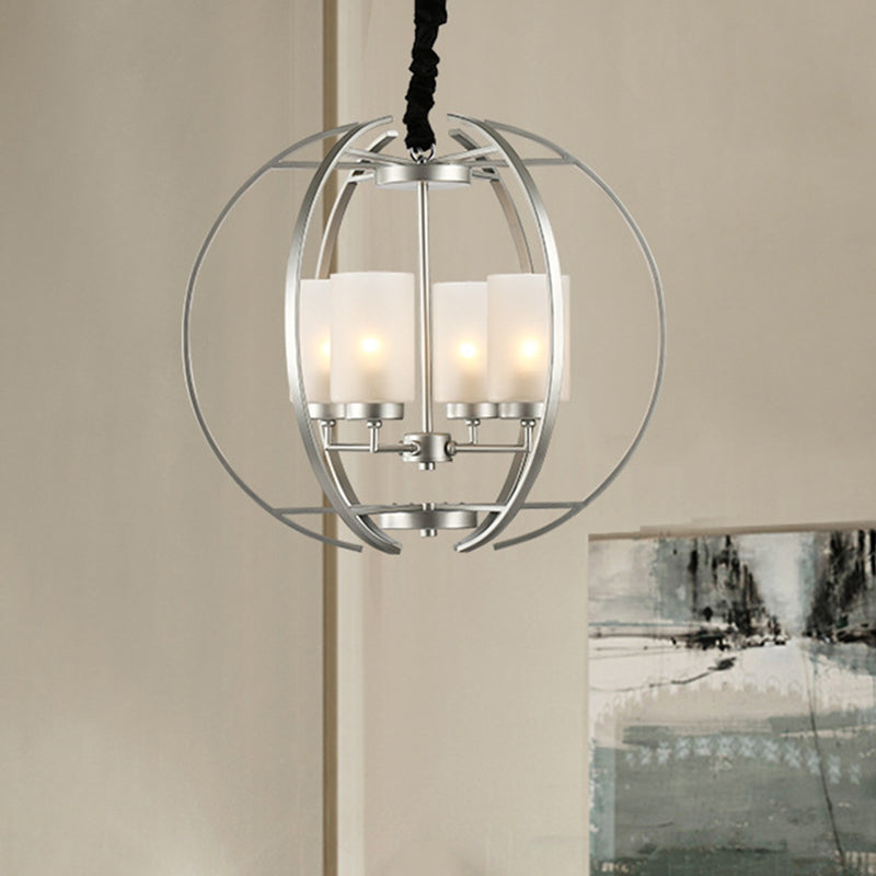 Frosted Glass Cylinder Pendant Light - Contemporary 4-Head White Chandelier With Sphere Frame
