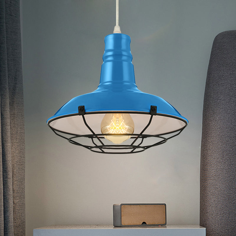 Industrial Metal Pendant Light Fixture With Wire Guard - Orange/Blue/Green Bowl Design