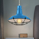 Industrial Metal Pendant Light With Wire Guard In Orange Blue And Green 1-Light 10/14/18 Dia -