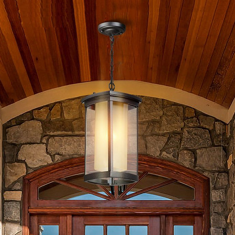 Black Outdoor Pendant Light With Double Glass Shade For Courtyard - 1 Various Widths