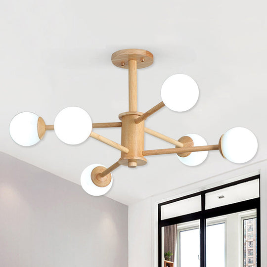 Contemporary Wooden Starburst Chandelier With Glass Ball Shade - Natural Wood Finish 6/8/12 Lights
