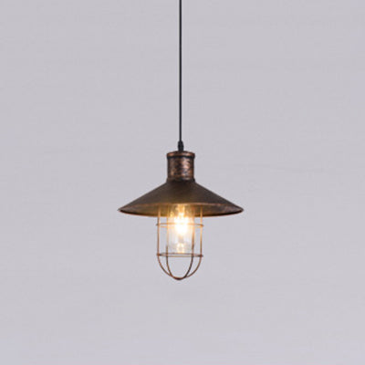 Nautical Style Cone Ceiling Light With Wire Guard - Rust/White Hanging Pendant Rust