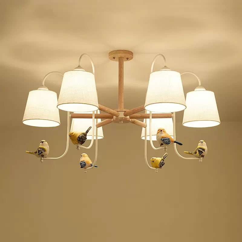 Contemporary Chandelier Light With Tapered Shade - Fabric & Wood Ideal For Child Bedroom
