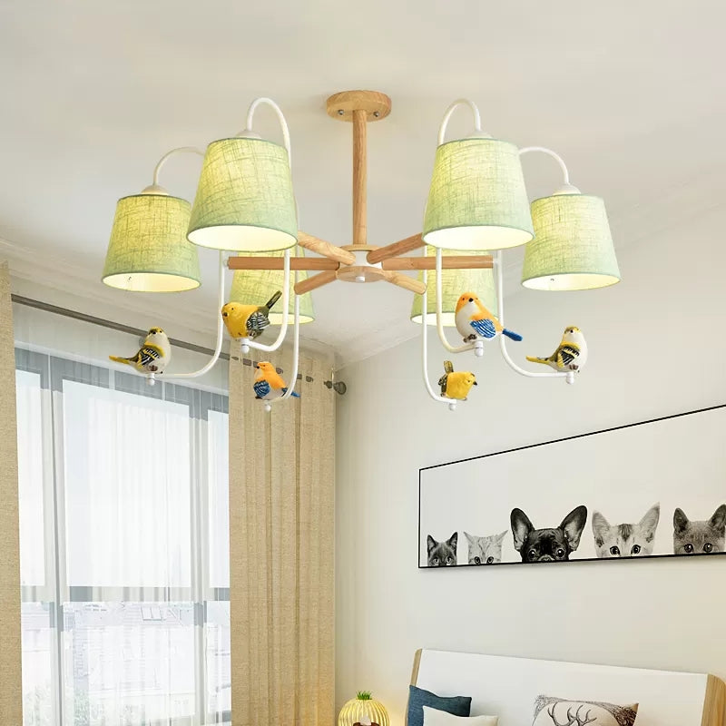 Contemporary Chandelier Light With Tapered Shade - Fabric & Wood Ideal For Child Bedroom