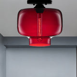 Modern Multi-Colored Lantern Flushmount Light With Glass Shade - Black Finish