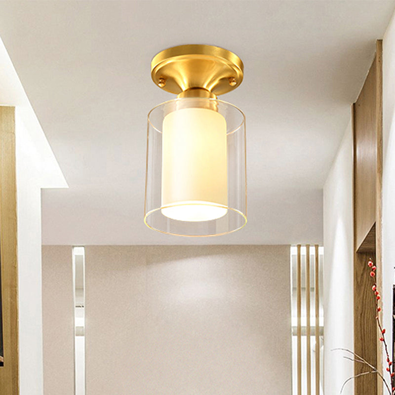 Gold Finish Cylindrical Semi Flush Ceiling Light - Glass Shade Simple 1-Bulb Semi-Flush Mount Ideal