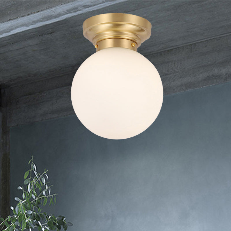 Minimalist Semi - Flushmount Brass/Black Close To Ceiling Light With Frosted Globe Glass Shade