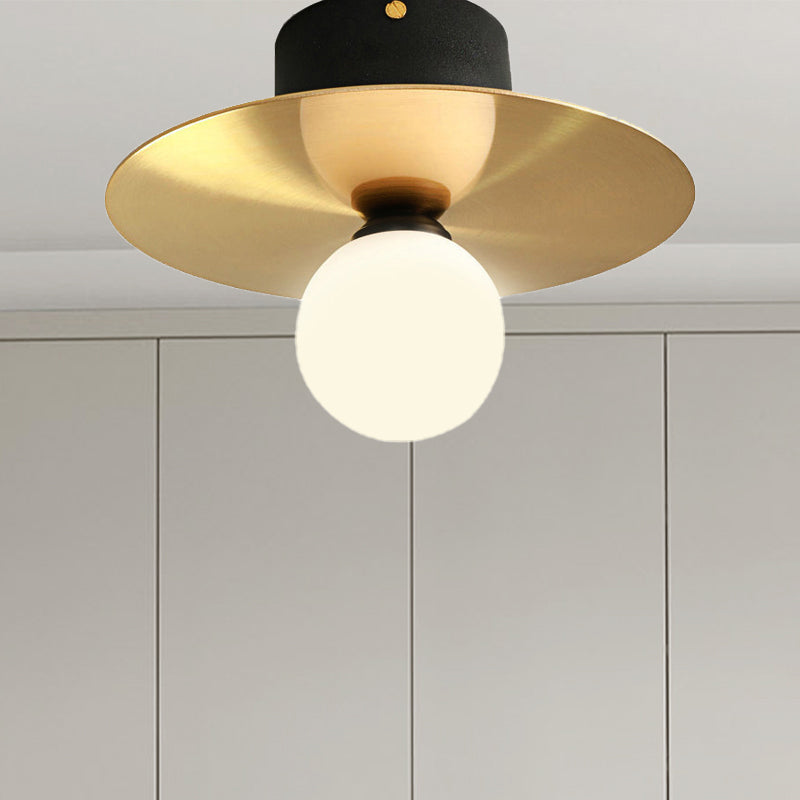 Modern Milk Glass Ceiling Light Fixture With Gold Disk - Contemporary 1 - Bulb Lighting For Living