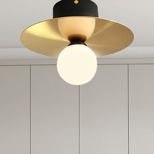 Modern Milk Glass Ceiling Light Fixture With Gold Disk - Contemporary 1 - Bulb Lighting For Living