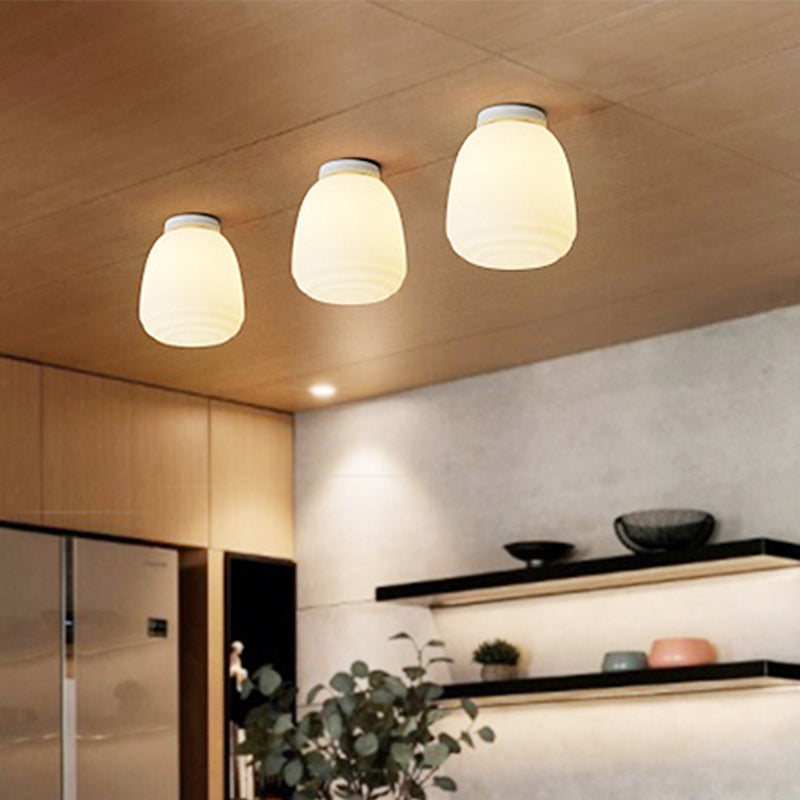 Minimalist 1 Head Flush Mount Lantern Light With Opal Glass Shade For Kitchen - 6’/8’ W Cone