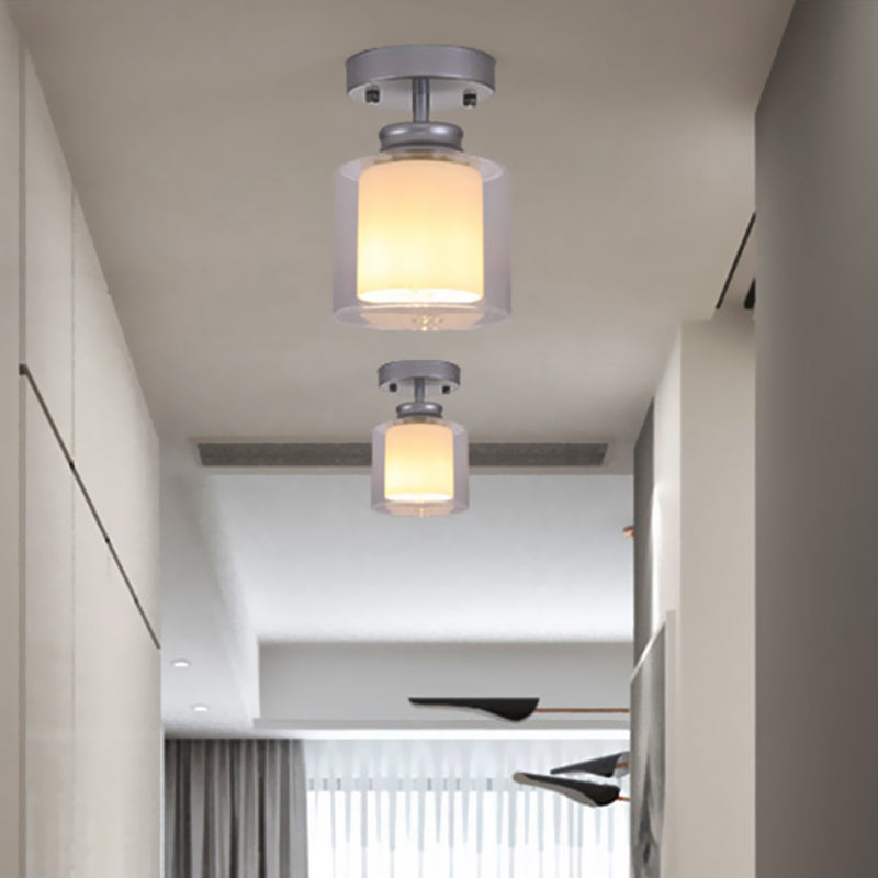 Contemporary Cylinder Semi Flush Ceiling Light With Glass Shade - Black/Silver/Gold Finish 1 Bulb