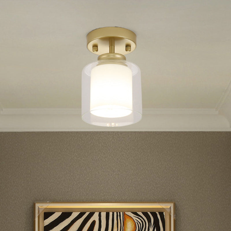 Contemporary Cylinder Semi Flush Ceiling Light With Glass Shade - Black/Silver/Gold Finish 1 Bulb
