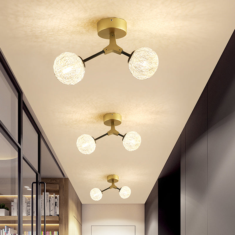 Gold Finish Handwoven Ball Semi Flush Light Fixture - Modern Ceiling Mount