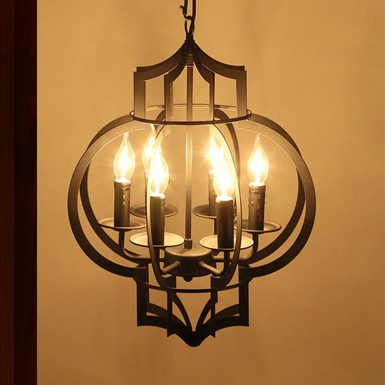 4/6 Bulbs Vintage Style Lantern Cage Chandelier Light In Black - Wrought Iron Medium Hanging Lamp