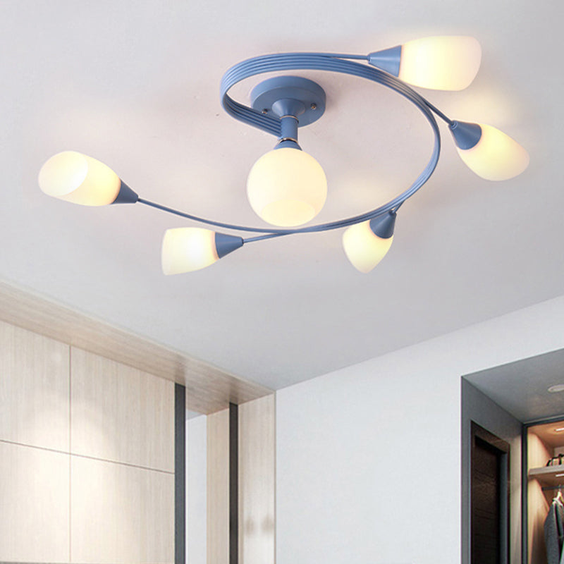 Curly Semi Flush Mount Ceiling Lamp With Nordic Iron & White Glass Shade - 4/6 Head Options In Grey