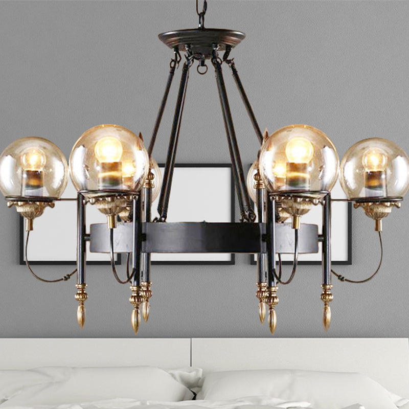 Industrial 6-Light Clear Glass Globe Chandelier With Clock Detail - Modern Pendant Light For Living