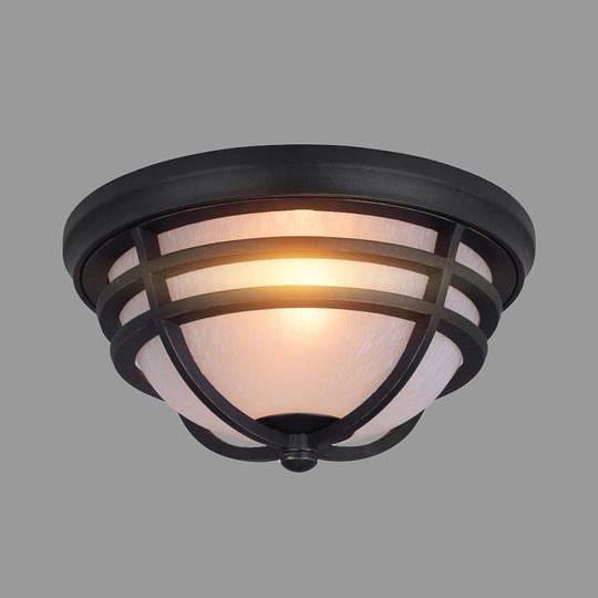 Black Metal Flush Mount Light With Frosted Glass Shade - Industrial Style For Balcony