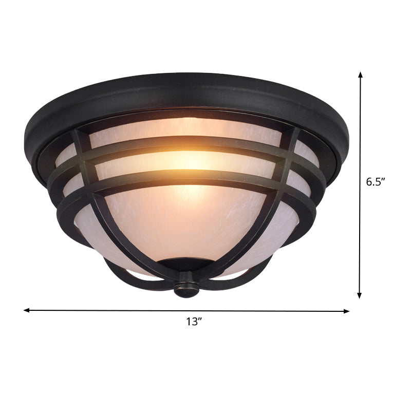 Black Metal Flush Mount Light With Frosted Glass Shade - Industrial Style For Balcony